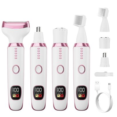 Electric Razors for Women, Bikini Trimmer 4 in 1 Lady Shaver, Wet/Dry Cordless Hair Remover for Nose Hair Face Eyebrow Arms Legs Armpit Underarm Pubic Area Electric Grooming Set LED Display