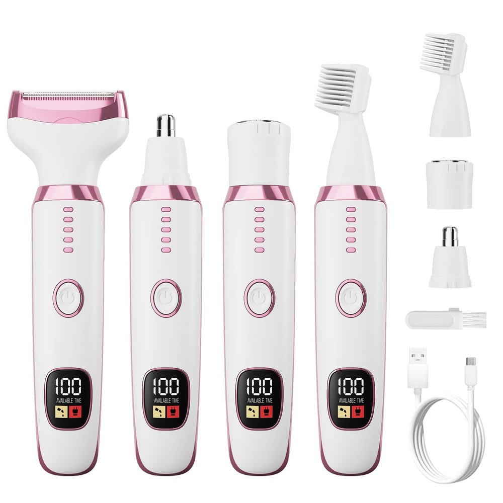 Electric Razors for Women, Bikini Trimmer 4 in 1 Lady Shaver, Wet/Dry Cordless Hair Remover for Nose Hair Face Eyebrow Arms Legs Armpit Underarm Pubic Area Electric Grooming Set LED Display