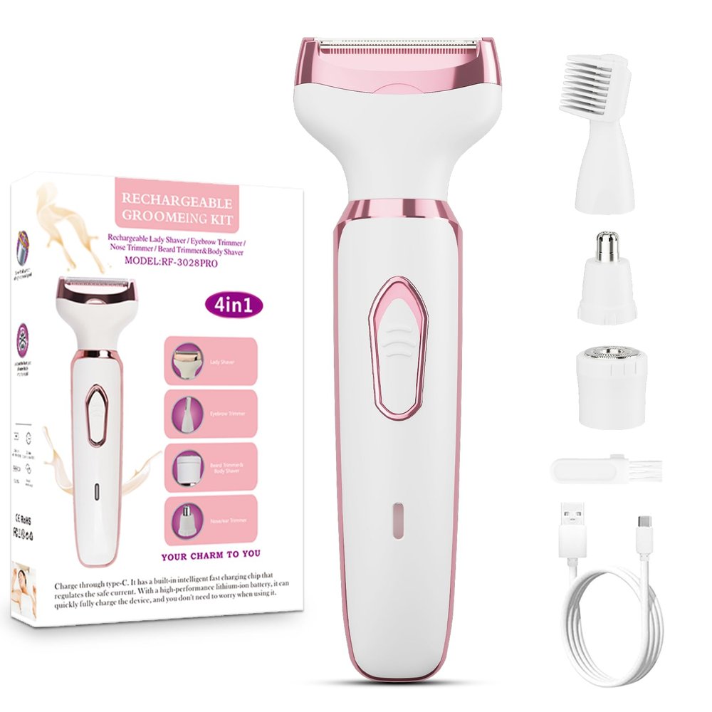 Women's Electric Razor Bikini Trimmer, 4-in-1 Cordless Shaver for Face, Legs, Underarms, Pubic Hair Wet/Dry Use, Painless Hair Removal