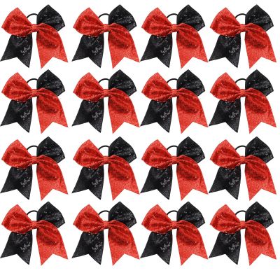 16 PCS Large Glitter Red Black Cheer Hair Bows, Shiny Cheerleading Bows Ponytail Holder for Cheerleader Girls Softball Sports and Christmas Tree Decor (Red Black)