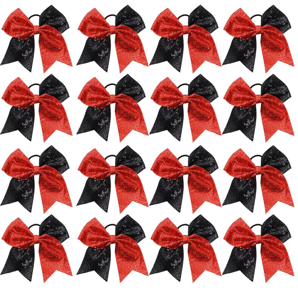 16 PCS Large Glitter Red Black Cheer Hair Bows, Shiny Cheerleading Bows Ponytail Holder for Cheerleader Girls Softball Sports and Christmas Tree Decor (Red Black)