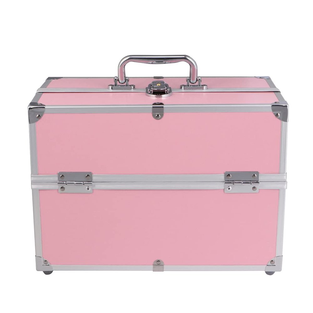 Ipetboom Handheld Makeup Train Case 3-Tier Portable Cosmetics Box for Travel Pink Organizer Detachable Compartments for Jewelry and Toiletries