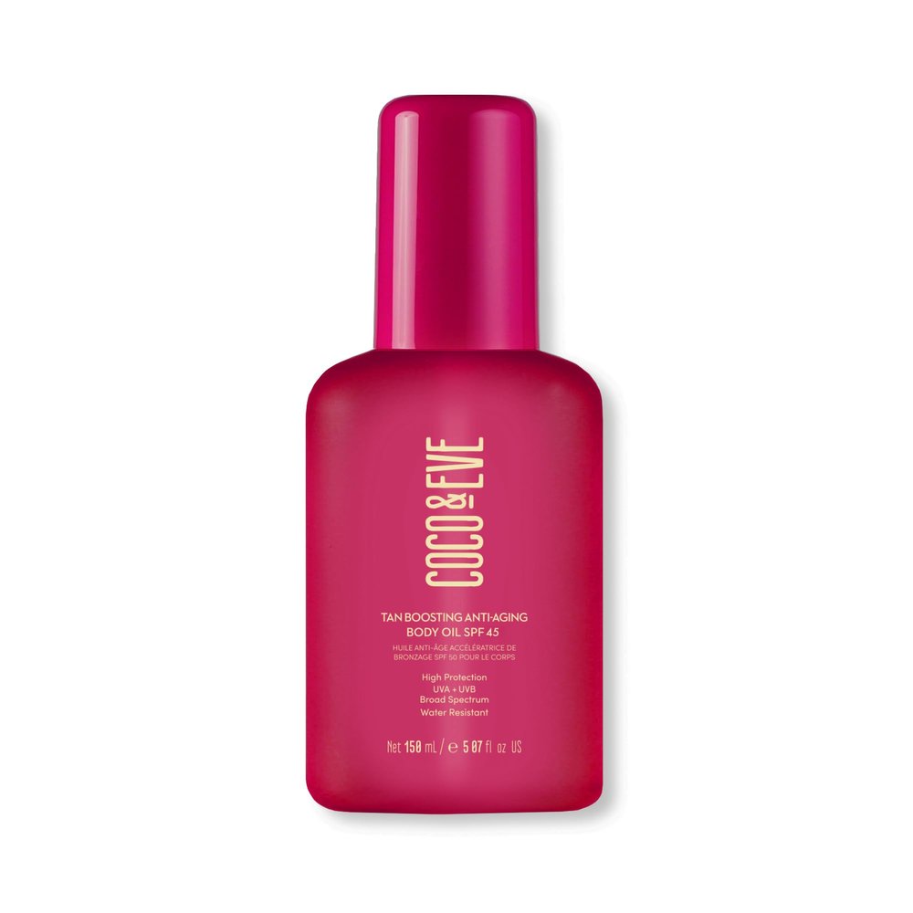 Coco & Eve Tan Boosting Anti-Aging Body Oil SPF45 - Tanning Accelerator Pump, UVA UVB Sun Protection | Moisturizing Outdoor Bronzing Enhancer with Natural Ingredients, Antioxidants (5.07 Fl Oz)