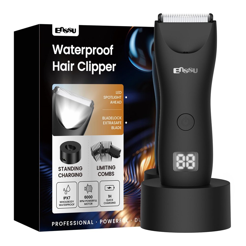 ENSSU Trimmer for Men, Manscape Body Hair Trimmer for Men with Ceramic Blade & LED Light, Waterproof Electric Shaver Groomer for Pubic Hair, Chest, Legs & Bikini, Pubic Hair Trimmer for Wet/Dry Use
