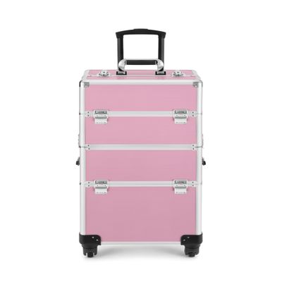 Eastmagic Professional Rolling Makeup Train Case with Wheels Cosmetic Organizer with Sliding Rail Removable Middle Layer Makeup Case Organizer Shiny Pink Diamond Makeup Trolley