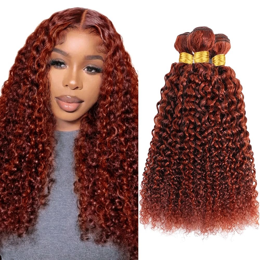 P33/350 Bundle Highlight Ginger Brown Kinky Curly Human Hair Bundles Ombre Brown 3 Bundles 24 26 28 Inch Two Tone Color 33 Copper Red Mixed With Orange Bundle