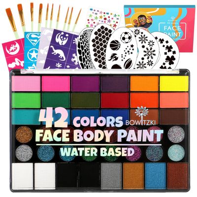 Bowitzki Face Paint Kit for Adults Stencils Glitter Brushes Face Painting Set for Sensitive Skin Water Based FDA Compliant Professional Body Painting (42 new)