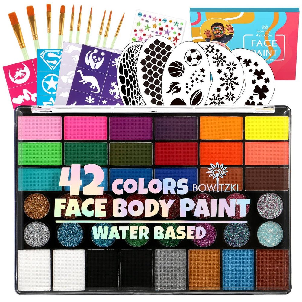 Bowitzki Face Paint Kit for Adults Stencils Glitter Brushes Face Painting Set for Sensitive Skin Water Based FDA Compliant Professional Body Painting (42 new)