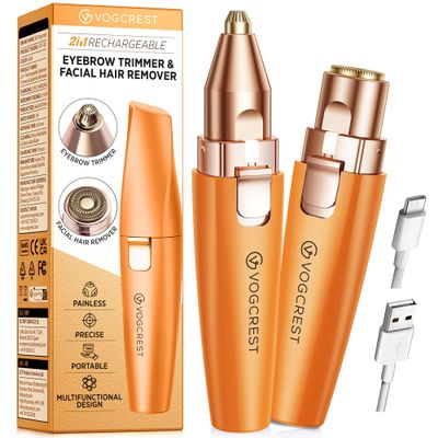 VG VOGCREST Eyebrow Facial Trimmer: 2 in1 Rechargeable Facial Hair Removal and Eyebrow Shaver - Face Lips Body Painless Razor with Built-in LED Light (Orange)