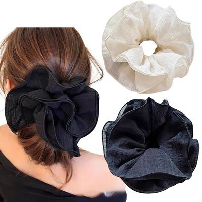2 Piece Women's Large Floral Scrunchies for Oversized Lace Hair, Big Satin Silk Lace Hair Ties Elastic Hair Bands Ponytail Holders for Thin Thick Curly (Black Beige multilayer Wrinkle)