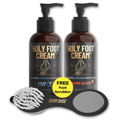 Derm Dude Holy Foot Repair Set | 2X Foot Creams Plus 4-in-1 Foot Scrubber Repair Tool | W/All-Natural DeoPlex for Odor Control - MPV & Strawberry