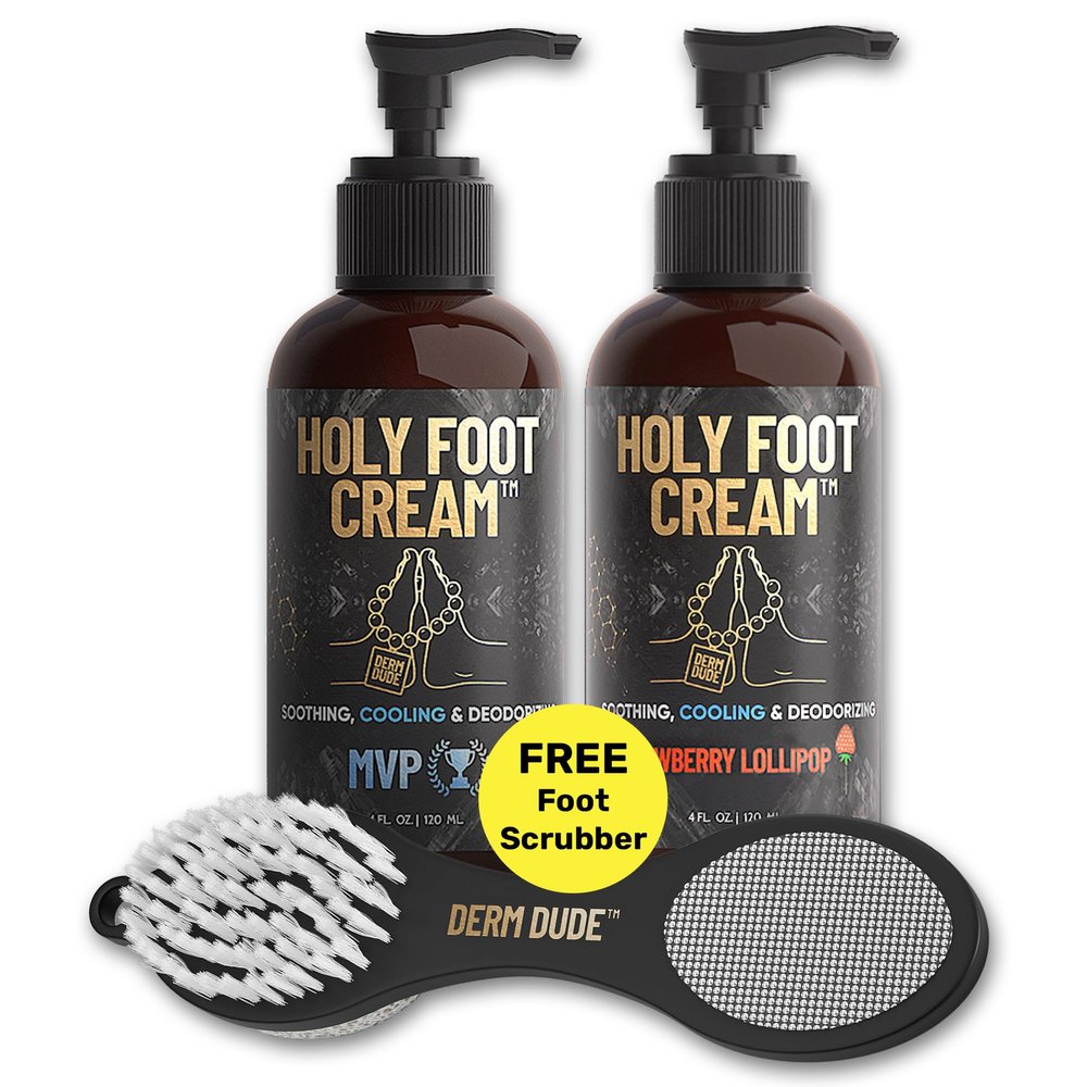 Derm Dude Holy Foot Repair Set | 2X Foot Creams Plus 4-in-1 Foot Scrubber Repair Tool | W/All-Natural DeoPlex for Odor Control - MPV & Strawberry