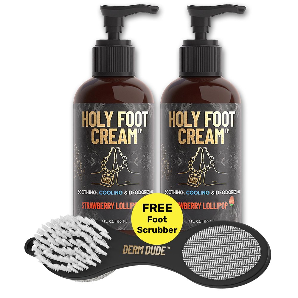 Derm Dude Holy Foot Repair Set | 2x Foot Creams plus 4-in-1 Foot Scrubber Repair Tool | W/All-Natural DeoPlex for Odor Control - Strawberry