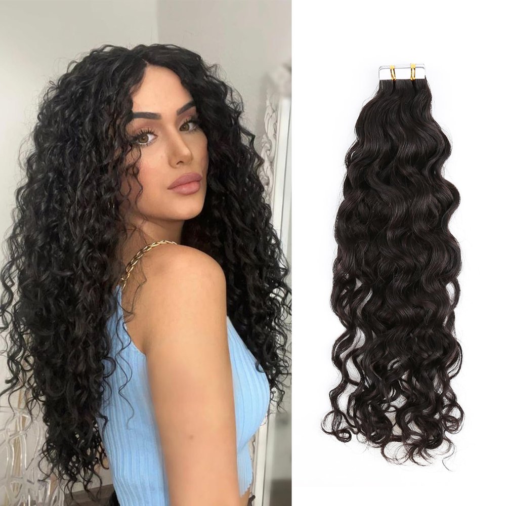 Bella Hair Premium Remy Human Hair Water Wave Tape In Hair Extensions - Full Cuticle Aligned, 20pcs 18 inch 50g Natural Black Hair Piece, Damage-Free Instant Natural Look Volume