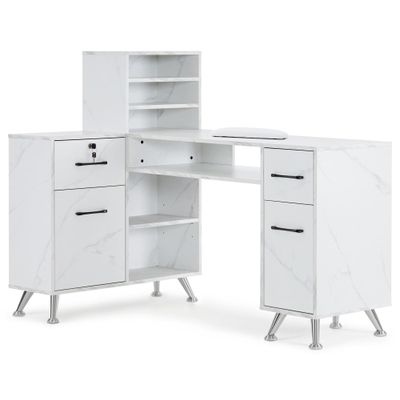 BarberPub L-Shaped Manicure Table with Drawers and Shelves for Storage, Salon Corner Nail Desk, Makeup Dressing Station 2866 (White)