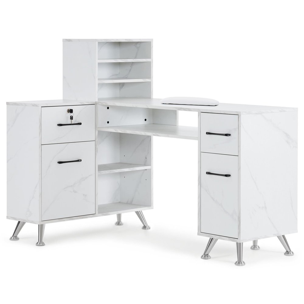 BarberPub L-Shaped Manicure Table with Drawers and Shelves for Storage, Salon Corner Nail Desk, Makeup Dressing Station 2866 (White)