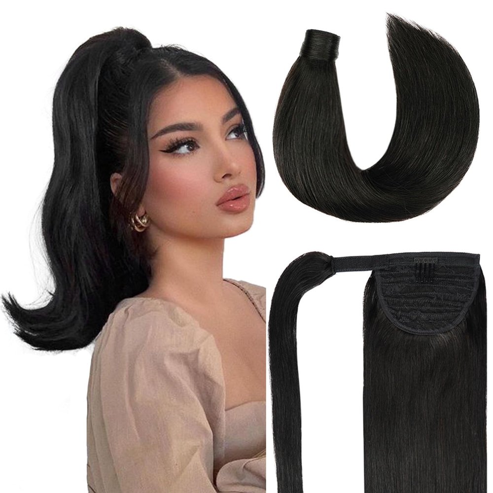 FAAAL Ponytail Extension Human Hair #1B Natural Black 100% Remy Human Hair Ponytail Extension Straight Wrap Around Ponytails One Piece Hairpiece for Women 12 inch 65g