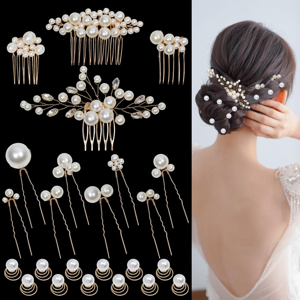 24 PCS Wedding Bridal Hair Combs Pearls Flower Hair Side Comb Bridal Rhinestone Hair Clips Hairpieces Wedding Hairs Accessories for Brides Bridesmaids (Gold)