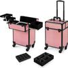 AROUS Rolling Makeup Train Case Cosmetic Travel Trolley 4 Tray with Sliding Rail Removable Middle Layer with Key Swivel Wheels Salon Barber Case Traveling Cart Trunk,Colorful view 1