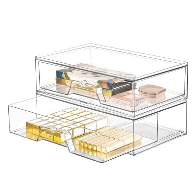 2 Pack Stackable Makeup Organizer, 12.1''L Acrylic Bathroom Organizer and Storage Undersink Drawer, Cosmetics and Beauty Supplies,Clear Plastic Storage Bins for Desk,Cabinet,Kitchen,Vanity,Pantry