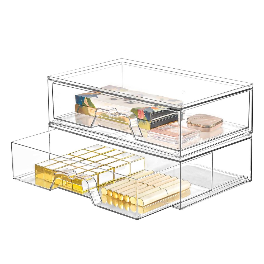 2 Pack Stackable Makeup Organizer, 12.1''L Acrylic Bathroom Organizer and Storage Undersink Drawer, Cosmetics and Beauty Supplies,Clear Plastic Storage Bins for Desk,Cabinet,Kitchen,Vanity,Pantry