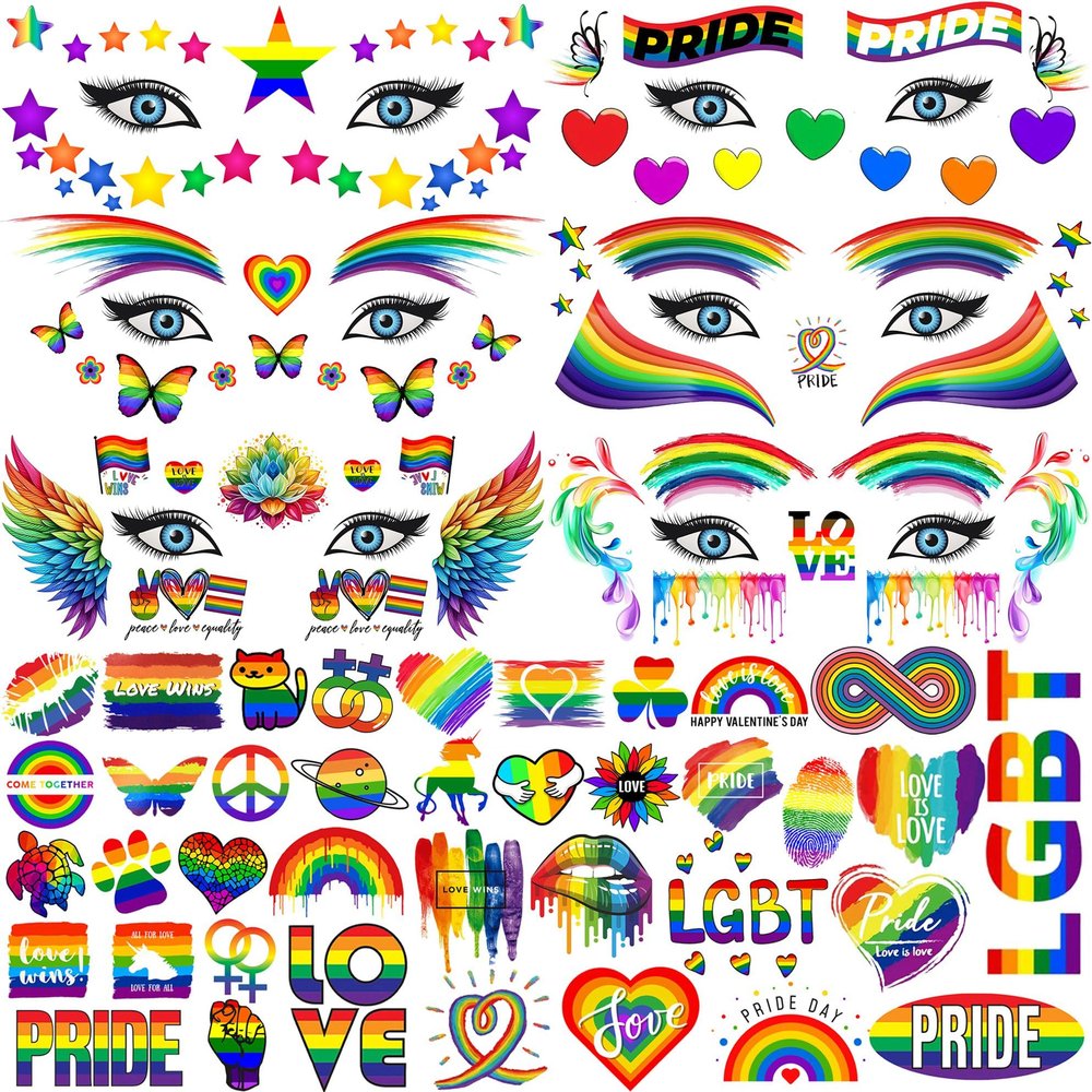 128+ PCS Pride Face Tattoos For Women Men Adults Lovers, Gay LGBTQ LGBT Rainbow Temporary Tattoos Pride Face Stickers, Temp Bulk Fake Tattoos, Rainbow Pride Day Equality Parades Celebrations Festival