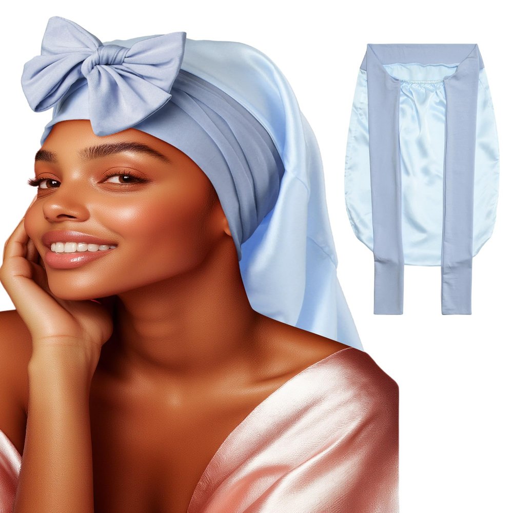 100% Mulberry Silk Bonnet for Sleeping Women Braid Bonnet for Long Hair with Elastic Tie Band Hair Wrap for Braids Curly Hair