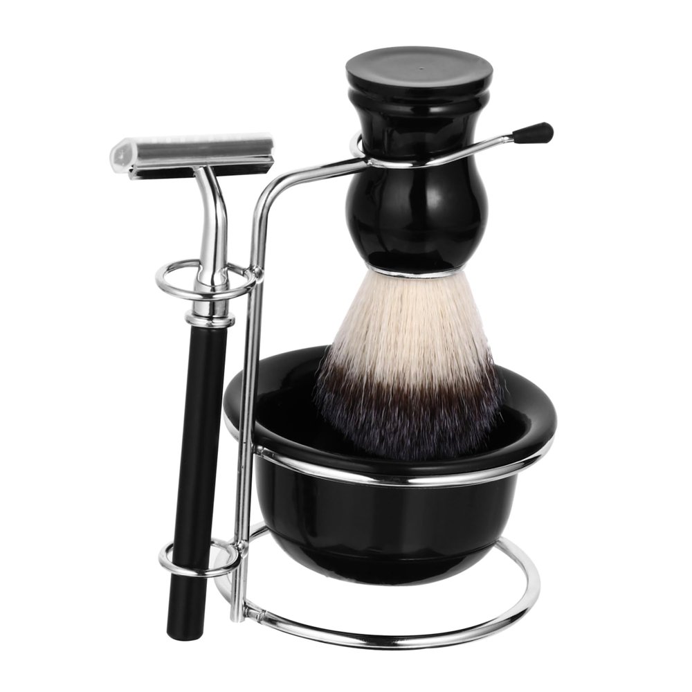 Gogogmee 4pcs Stainless Steel Beard Kit Stand Professional Shaving Tools for Men Includes Shaving Brush and Bowl Portable and Easy to Clean for Travel Use