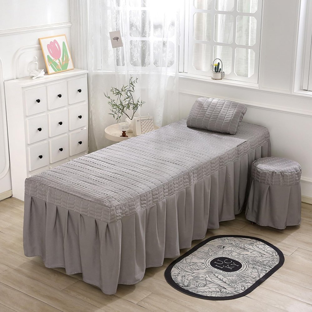 LDLCYCN Grey,180 * 60cm(S), Massage Table Cover with Face Hole Massage Bed Sheet Cover with Elastic Band Soft Beauty Massage SPA Couch Cover with Skirt Beauty Therapy Bed Cover Washable