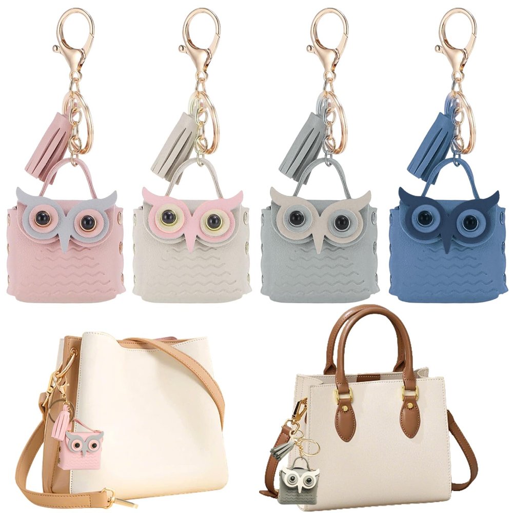 4 PCS Owl Mini Backpack Keychain PU Leather Owl Key Chain Cute Tassel Keyring Metal Snap Button Change Wallet Bags for Women Girl Small Cosmetic Bag Data Cable Organizer Portable Travel Storage Pouch