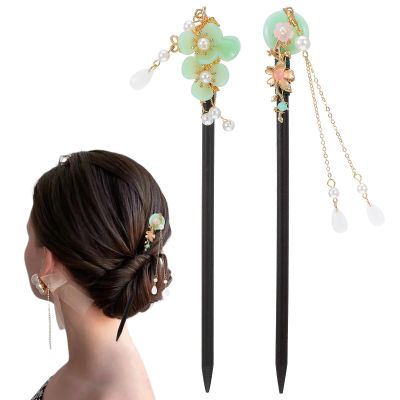 2 Pcs Wooden Floral Hair Chopsticks Chinese Hair Sticks for Women Retro Wooden Hairpins Japanese Floral Hair Sticks Vintage Tassel Flower Hairpins Hair Accessories for Women Girls (Green)