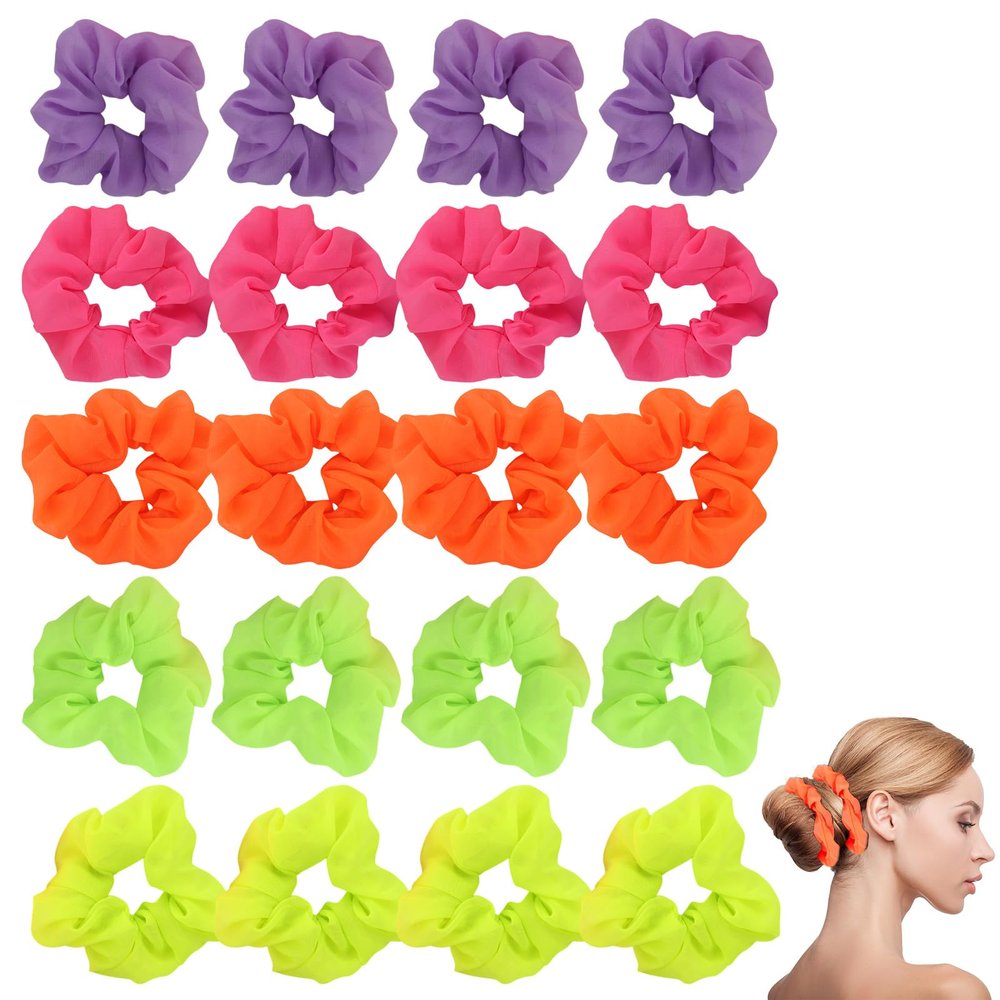 20 Pcs Neon Hair Accessories, Neon Scrunchies For Hair 80s, Neon Ponytail Scrunchies Hair Suitable for Parties, Dates, Daily Travel (Dark Rose Red, Fluorescent Green, Purple, Orange And Yellow)