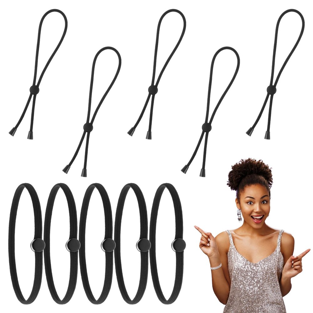 10Pcs Adjustable Hair Bands and Snap Hair Ties Set Black Elastic Curl Hair Scrunchies Long Headband for Women Curly Thick Locs Updos Bun Afro Puff Pnoytail No-Slip Design