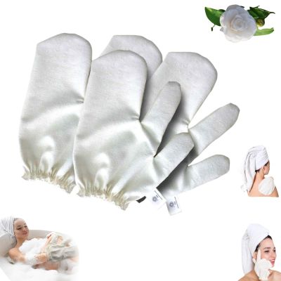 Garshana Gloves Raw Silk Gloves, Ayurvedic Raw Silk Massage Gloves, Exfoliating Gloves with Elasticated Wrist Strap (4 pcs)