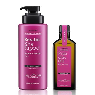 Jenoris Keratin Shampoo & Pistachio Oil Hair Serum  Smoothing & Hydrating Care for Dry, Damaged & Frizzy Hair, Enriched with Omega 3-6-9 & Natural Oils, Paraben & SLS Free, Salon Professional