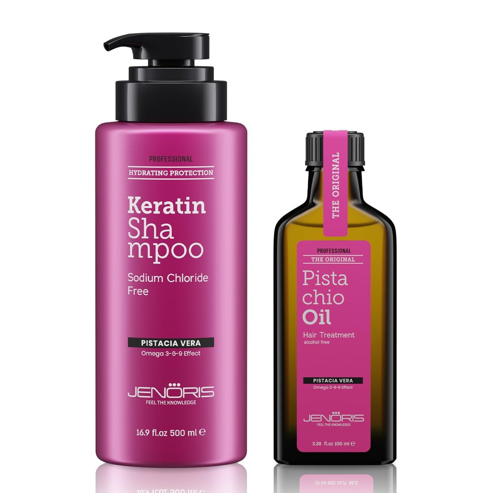Jenoris Keratin Shampoo & Pistachio Oil Hair Serum  Smoothing & Hydrating Care for Dry, Damaged & Frizzy Hair, Enriched with Omega 3-6-9 & Natural Oils, Paraben & SLS Free, Salon Professional