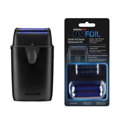 Bundle of BaBylissPRO UVFOIL Double Foil UV-Disinfecting Metal Shaver-Black + BabylissPRO UVFOIL Double Replacement Foil with Cutters Matte Black