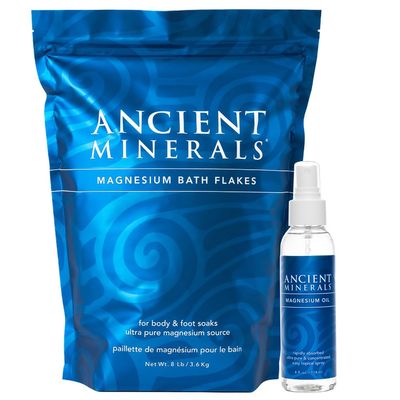 Ancient Minerals Magnesium Bundle  8 lb Bath Flakes and 4 oz Magnesium Oil Spray for Bath and Topical Use