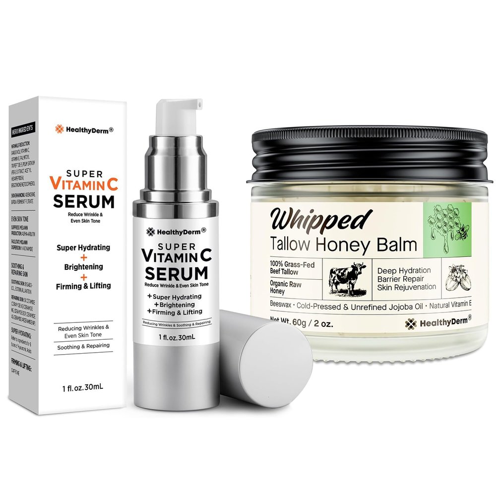 Advanced Nourish & Restore Duo for Mature Skin Super Vitamin C Face Serum + Whipped Beef Tallow Honey Balm Hydrate, Brighten & Lift for Women Over 60, Anti-Aging Natural Moisturizer Duo
