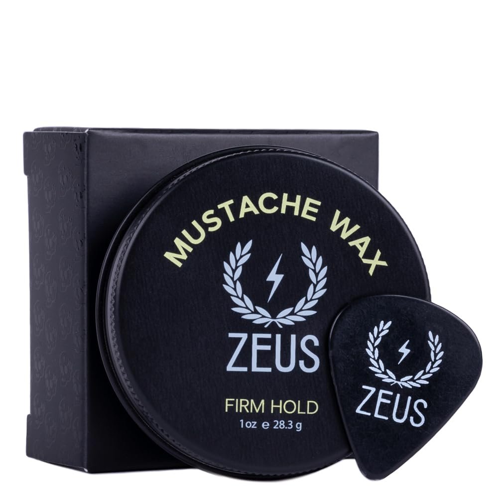 ZEUS Firm Hold Mustache Wax for Men, All-Day Hold & Moisturizing Grooming Mustache Wax with All Natural Ingredients & Application Pick (Made in USA) 1 oz.