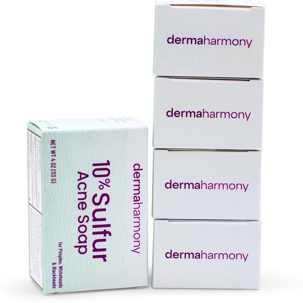 Dermaharmony 10% Sulfur Acne Medicated Bar Soap for the management of acne blemishes, pimples, blackheads, and whiteheads (4 oz) - 5 Bars