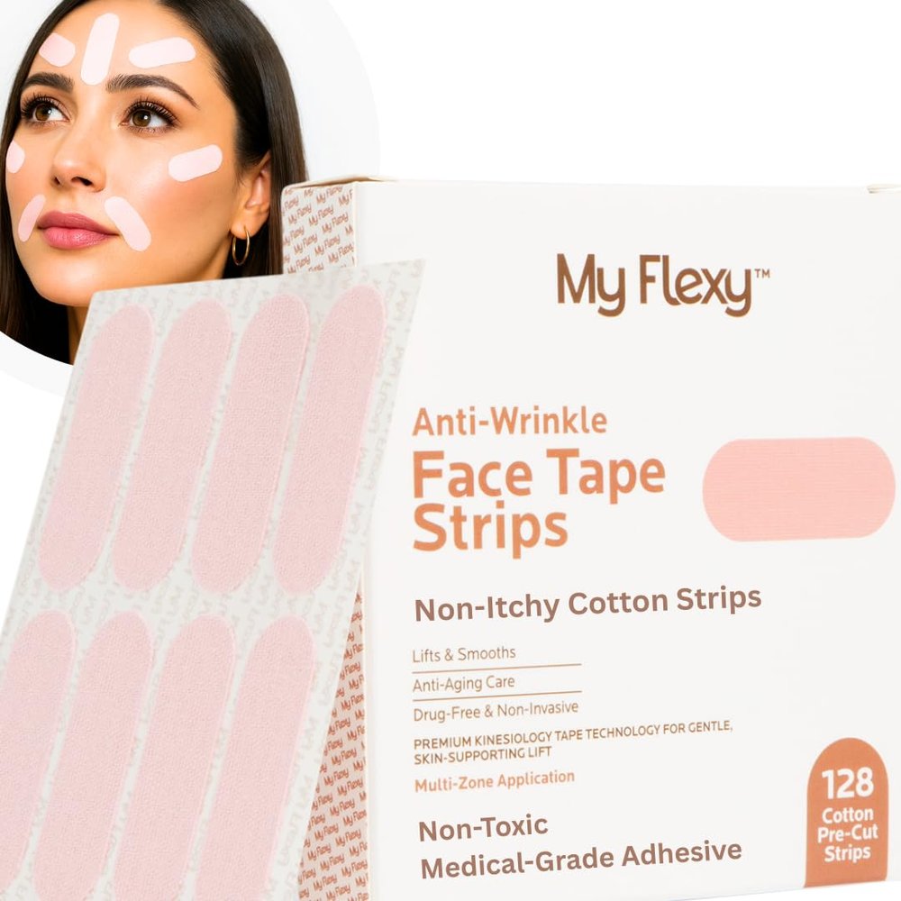 My Flexy Face Tape Strips - 128 Pre-Cut Cotton Face Lifting Tape, Facial Tape, Overnight Anti Wrinkle Patches, Smile Line Patches, Frown Line Patches, Smoothing & Tightening - Latex Free.