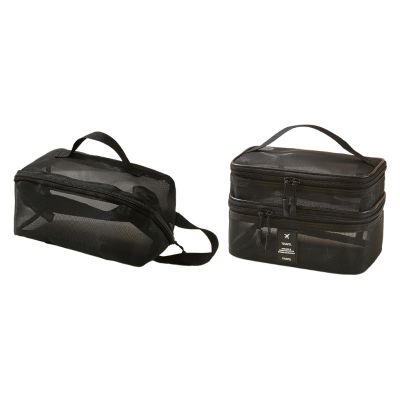 2Pcs Mesh Makeup Bag Toiletry Bag with Handle Travel Bag Organizer Travel Essentials for Activities Picnic Vacation Gym, black