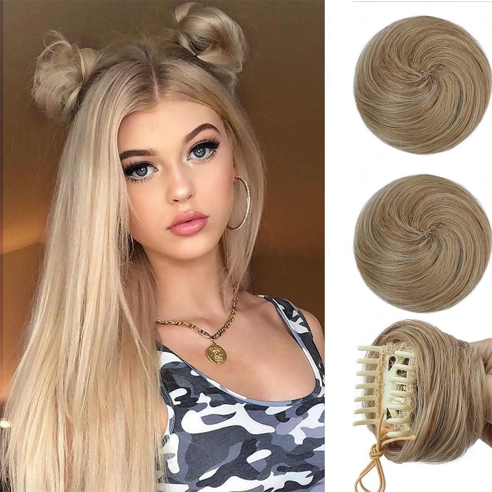 LPOCIKZADEC Messy bun Hair Piece, 2PCS Space Buns Mini Claw Clip in Hair Bun Extensions Messy Cat Ears Wig Accessory Synthetic Donut Updo Hairpieces for Girls,Hair bun Wig(Bright Golden Brown)
