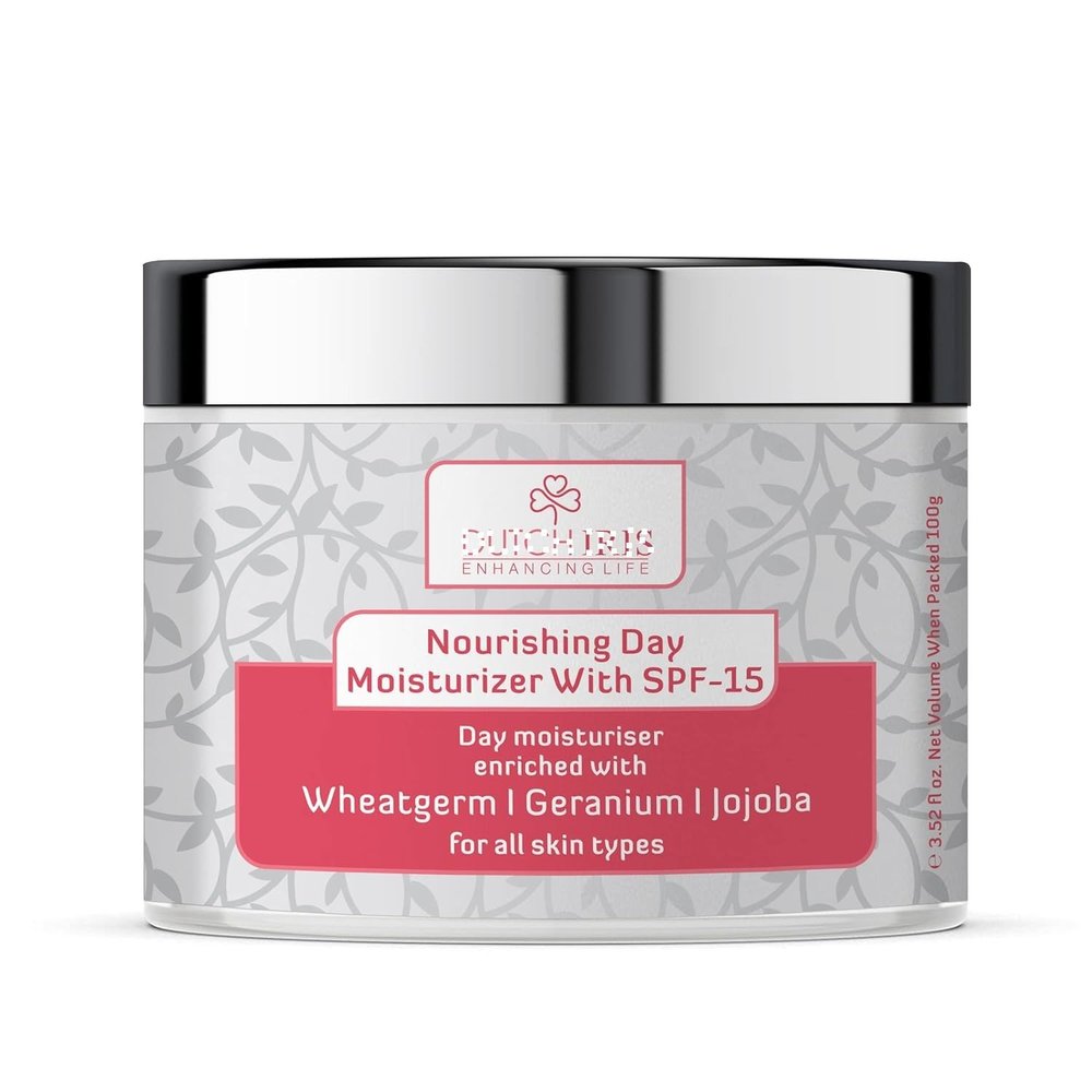 Dut'ch I'ris Nourishing Day Moisturiser with SPF-15 | Wheatgerm, Geranium & Jojoba Extracts | Broad Spectrum Protection | For Women & Men (Unisex) | 100gms
