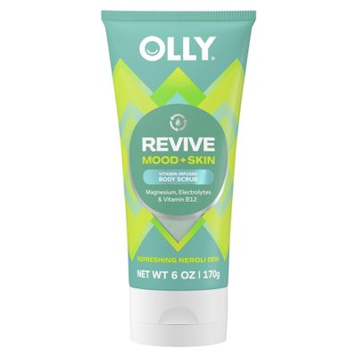 OLLY Revive Body Scrub with Magnesium, Electrolytes & Vitamin B12 Nourishing Cleanser for Skin Exfoliation, Barrier Repair, Refreshing Nerolidew Scent, 6 oz