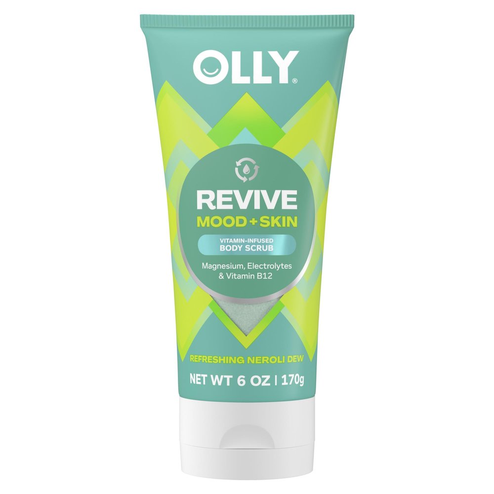 OLLY Revive Body Scrub with Magnesium, Electrolytes & Vitamin B12 Nourishing Cleanser for Skin Exfoliation, Barrier Repair, Refreshing Nerolidew Scent, 6 oz