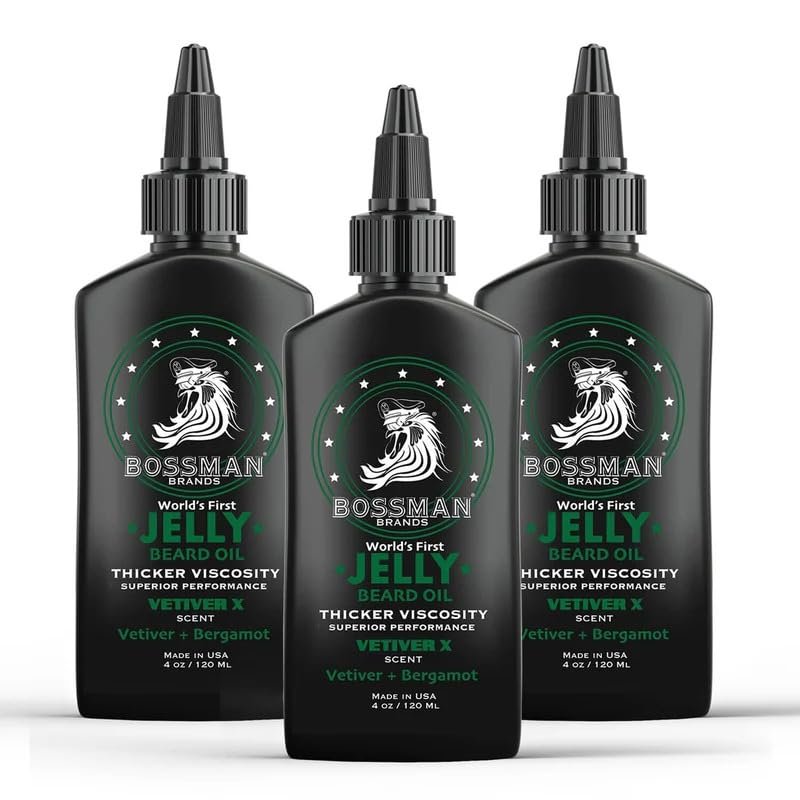 Bossman Jelly Beard Oil for Men - 3 Pack (12 oz in Total, Vetiver X Scent)  Softens, Moisturizes & Conditions with Natural Ingredients