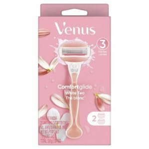 Venus ComfortGlide White Tea Razor for Women, 3 Blades, Manual Razor with Handle, 2 Refills, Pink