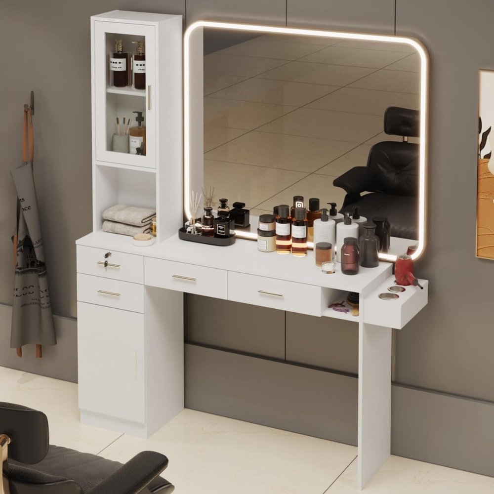 advwin Wall Mount Salon Station for Hair Styling, Barber Station with Hair Dryer Holder, Drawers, Cabinet, Salon Furniture Storage Equipment Without Mirror